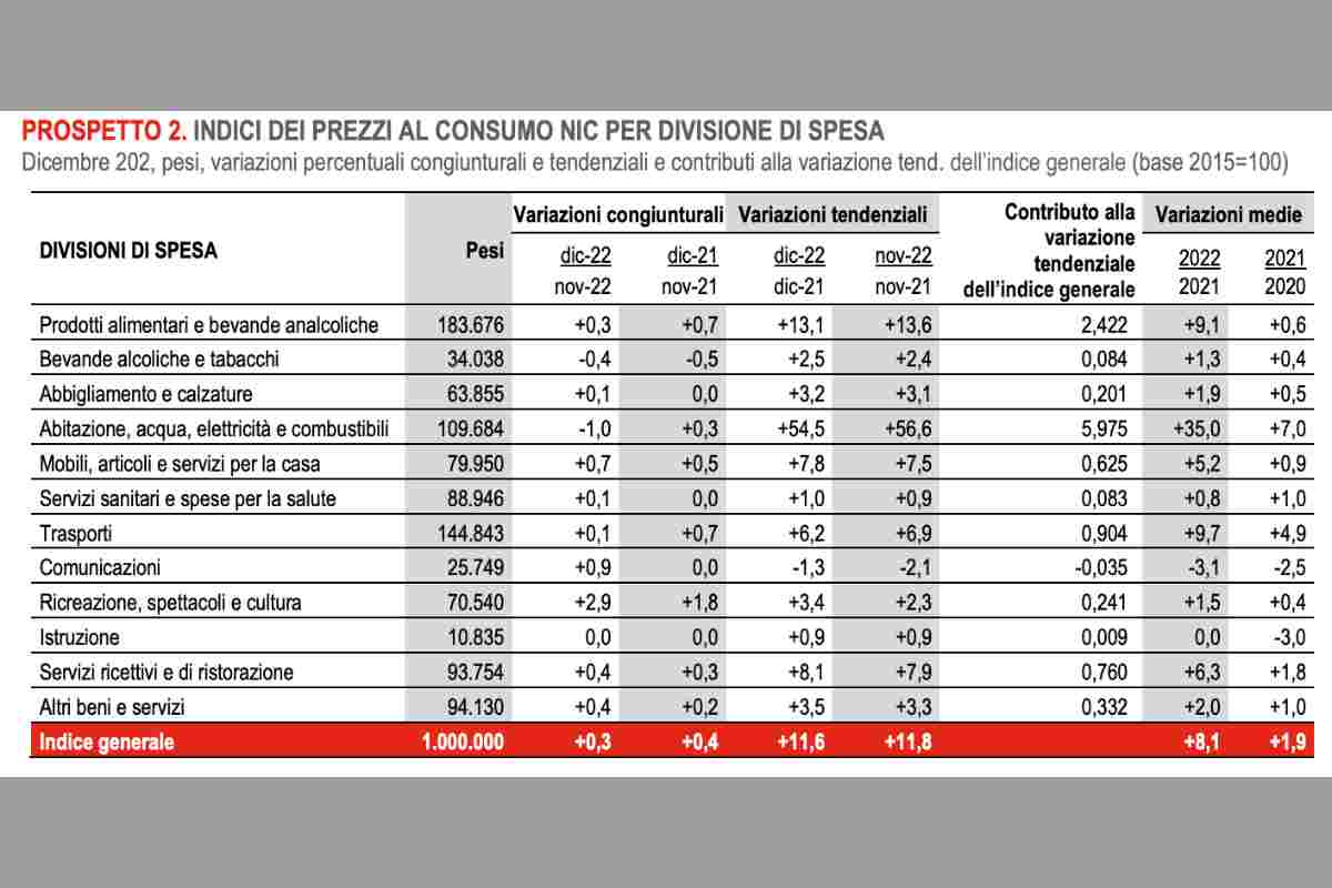 Indice dei prezzi al consumo NIC per divisione di spesa, dati ISTAT - Investire sul web.