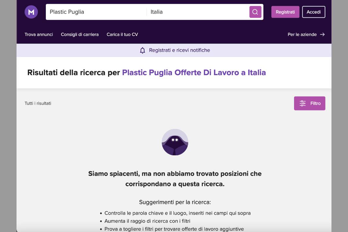 Il risultato della ricerca di "Plastic Puglia" su uno dei principali motori di ricerca del lavoro in Italia - Investire sul web.
